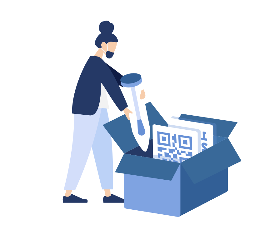 Frau welche ein Proben-Röhrchen in eine Kiste mit Barcode legt